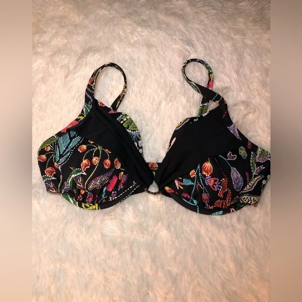 VENUS Black Bikini Top with tropical bright floral design size D